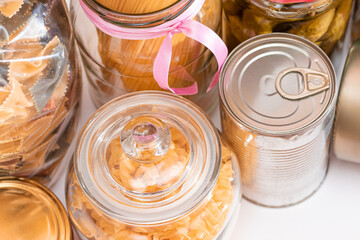 Food Reserves: Canned Food, Spaghetti, Pate, Tuna, Tomato Juice, Pasta, Fish and Grocery. Emergency Food Storage in Case of Crisis. Strategic Food Supplies