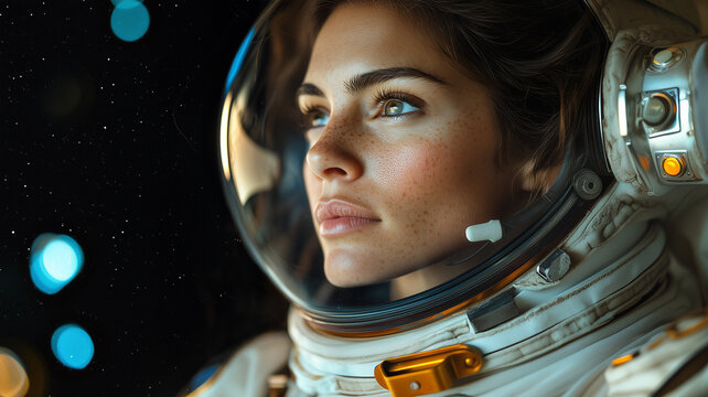 Close-up, of a female astronaut in an white spacesuit staring in the vast space 