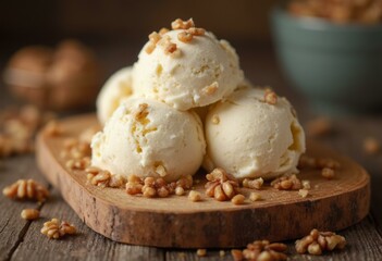 Scoops Of Maple Walnut Ice Cream With Nuts On Rustic Wooden Board
