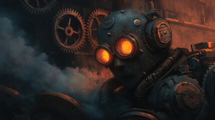 Fototapeta premium A terrifying steampunk ghost with glowing mechanical eyes and clockwork limbs floats through the abandoned halls of an old factory
