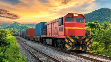 Fototapeta premium Freight train moving through a mountainous region, hauling containers, environmental logistics