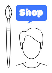 A simple line art of a persons silhouette and a paintbrush beside a blue speech bubble with the word Shop. Ideal for art, supplies, store promotion, creativity, and business advertising. Clean