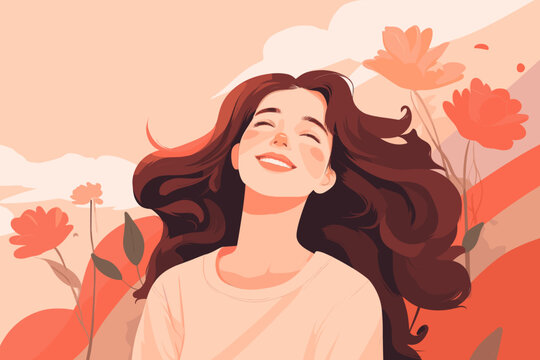 An illustration portrays a happy girl smiling brightly, with a colorful array of flowers in the background, enhancing her joyful demeanor.