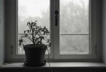 Wilted Potted Plant On Window Sill With Blurred Outdoor Scene In Black And White