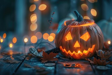 Obraz premium A single lighted pumpkin sits atop a rustic wooden table, perfect for autumnal or Halloween-themed designs