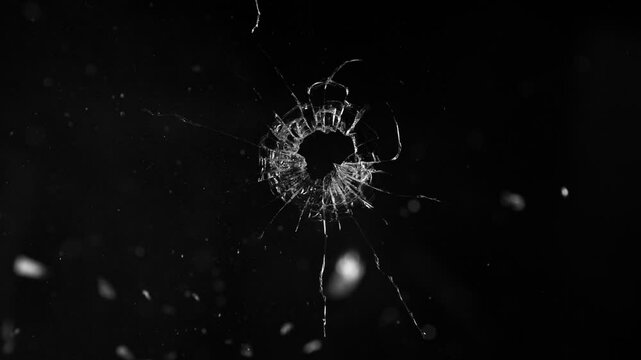 Super Slow Motion of Shattered Glass Isolated on Black Background. Break Glass from the Gunshot. Filmed on High Speed Cinema Camera, 1000 fps.