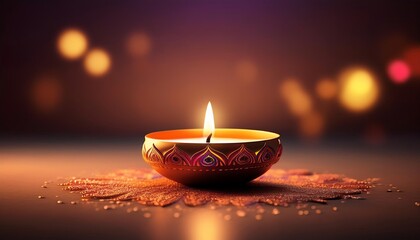 A beautifully lit diya (oil lamp) surrounded by decorative materials, casting a warm glow against a soft, blurred background.