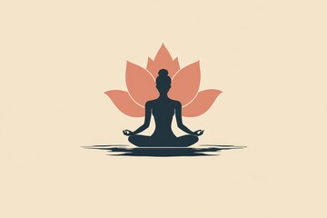 Silhouette of a person meditating in front of a large orange sun and red lotus symbolizing spiritual growth balance and serenity in a minimalist setting