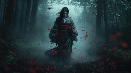 Japanese ghost in a torn kimono with a haunting expression, slowly creeping through a dark, eerie forest, the sound of rustling leaves and distant whispers filling the cold night air.