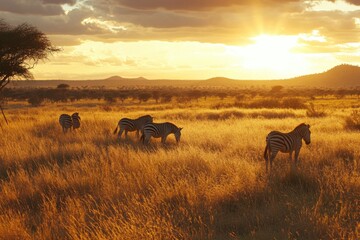 A group of zebras grazing on a green meadow