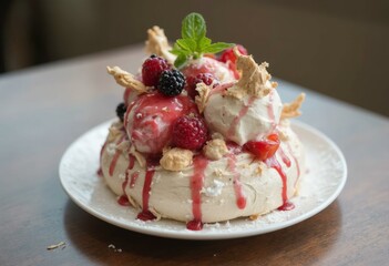 Pavlova Ice Cream Sundae Topped With Fresh Berries And Meringue Shards Emphasizing Elegance
