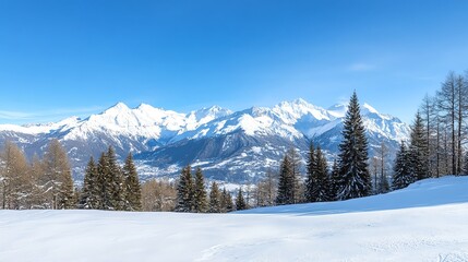 Snow-covered mountains and evergreen trees under a clear blue sky, capturing the serene beauty of a winter landscape in the Alps.