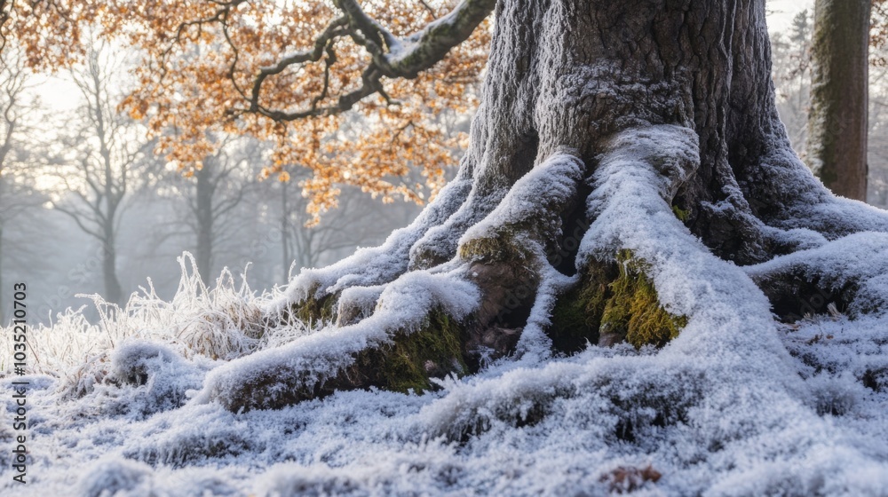 Aufkleber The intricate roots of a large tree are blanketed with frost, surrounded by frozen ground and sparse autumn leaves. This tranquil winter morning captures the beauty of nature in a peaceful setting.