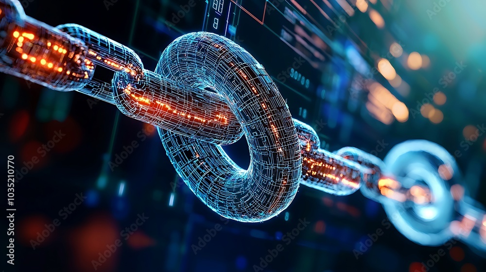 Poster a close-up view of digital blockchain links, showcasing a futuristic network of connections and encr