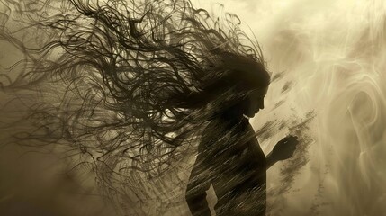 Fototapeta premium Silhouette of a Woman with Flowing Hair in a Dreamy, Abstract Setting
