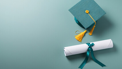 Graduation Cap and Diploma on Teal Background, ai generated