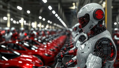 The image features futuristic robots in a factory, alongside rows of sleek red sports cars, showcasing advanced technology and automation in automotive production.