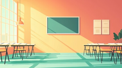 Business seminar setup with notebooks and pens flat design side view training session theme animation colored pastel ,clean background