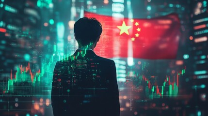 A businessperson standing in front of a digital trading platform, economic growth, stock market chart,  china finance and economy.