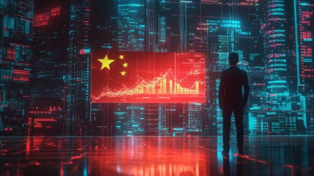 A businessperson standing in front of a digital trading platform, economic growth, stock market chart,  china finance and economy.