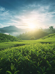 Fototapeta premium Green tea fields against a beautiful backdrop of nature, with large and small lines neatly placed on it, the whole scene creates a bright and peaceful atmosphere. beautiful background. 