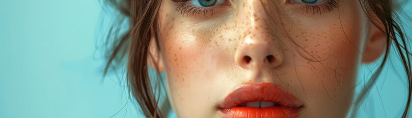 Fototapeta premium Close-up portrait of a young woman with freckles and vibrant lips.