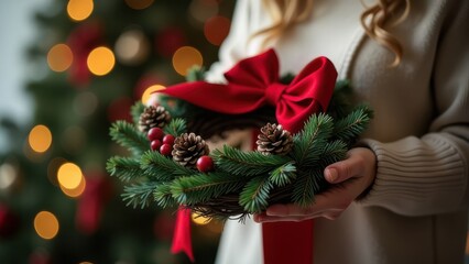 Festive christmas wreath crafting with pinecones and red ribbon decor