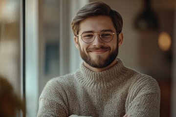 Naklejka premium A man wearing glasses and a sweater smiles, suitable for use in editorial or commercial contexts