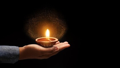 A hand holds a traditional oil lamp emitting a flame, surrounded by glowing particles, set against a dark background.