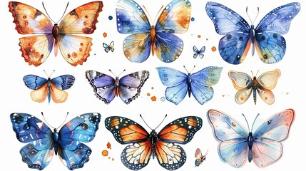 Collection of colorful butterflies and a net, set against a white background