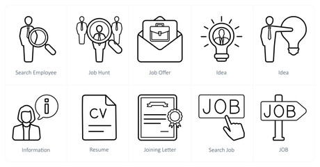 A set of 10 Human Resources icons as search employee, job hunt, job offer