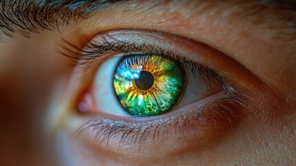 Fototapeta premium A detailed view of a single green eye with lashes and eyelid