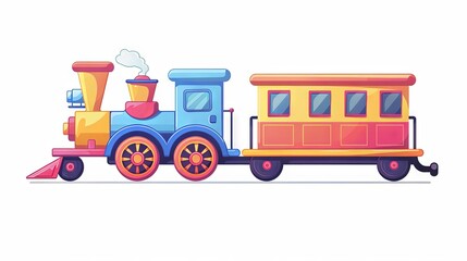 A cartoon toy train featuring a colorful locomotive, wagons, wheels, and a railway, designed for children.