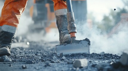 A close-up shot of a construction worker using a pneumatic jackhammer to break concrete on a road repair site, Road repair scene, Demolition work style