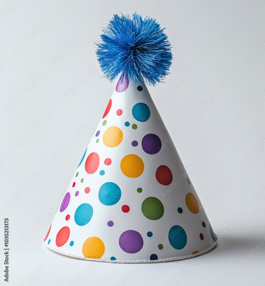 Wall mural isolated on white, a bright party hat with fluffy pompons.