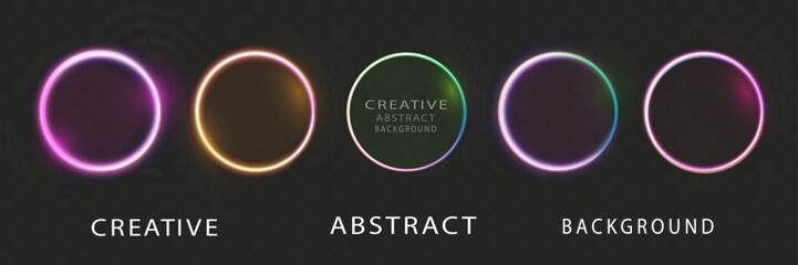 Vibrant Neon Gradient Frames: Set of Glowing Round Futuristic Design Elements. Radiant Geometric Shapes, Modern Icon Collection. Illuminated Circle with Light Effects. Blue Portal and Platform
