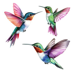 Obraz premium Elegant Watercolor Illustration of Set Hummingbird in Vintage Botanical Style on Isolate Background, Png