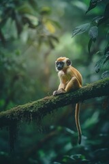 Obraz premium A monkey sits on a tree branch in a dense jungle environment