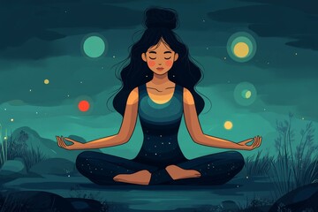 Vector illustration of a woman meditating outdoors at night surrounded by glowing orbs symbolizing inner peace mindfulness and cosmic energy in a serene spiritual setting