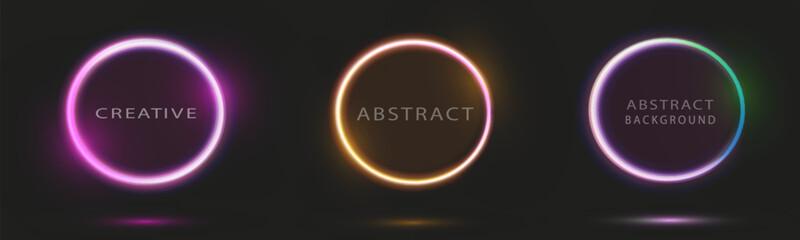 Vibrant Neon Gradient Frames: Set of Glowing Round Futuristic Design Elements. Radiant Geometric Shapes, Modern Icon Collection. Illuminated Circle with Light Effects. Blue Portal and Platform
