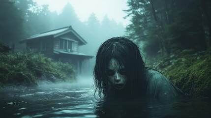 A ghost is submerged in a body of water, with a creepy, twisted face