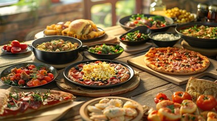Fototapeta premium A wooden table laden with various dishes and snacks, perfect for parties or events