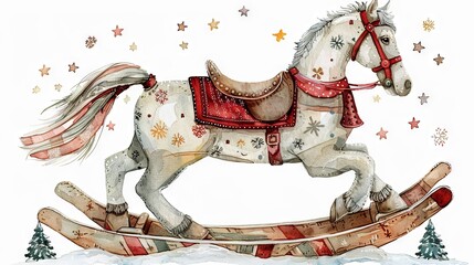 A cute vintage Christmas toy illustration of a watercolor rocking horse, set against a white background