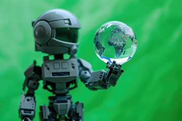 Naklejka premium A small toy robot holding a crystal ball, great for fantasy or sci-fi scenes