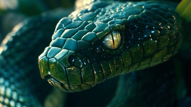 Majestic green snake symbolizing 2025 in close-up. Elegance and charm.