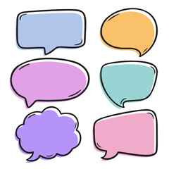 A set of colorful hand drawn speech bubbles in various shapes and sizes. Perfect for digital designs, social media graphics, and comic style illustrations.