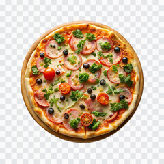 delicious pizza with ham and bacon slices, mozzarella cubes, tomatoes, bell pepper png design 