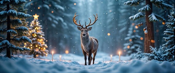 Naklejka premium Christmas banner with magical scene of a reindeer in center in snowy forest with Christmas trees with lights and stars with copy space