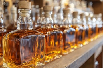 A collection of whiskey bottles on a rustic wooden table, perfect for use in bar or restaurant scenes