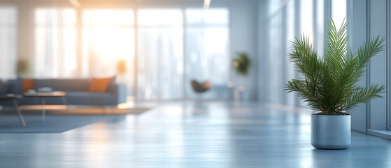 Softly blurred view of a contemporary office environment, emphasizing stylish furniture and an organized layout for a modern workplace feel